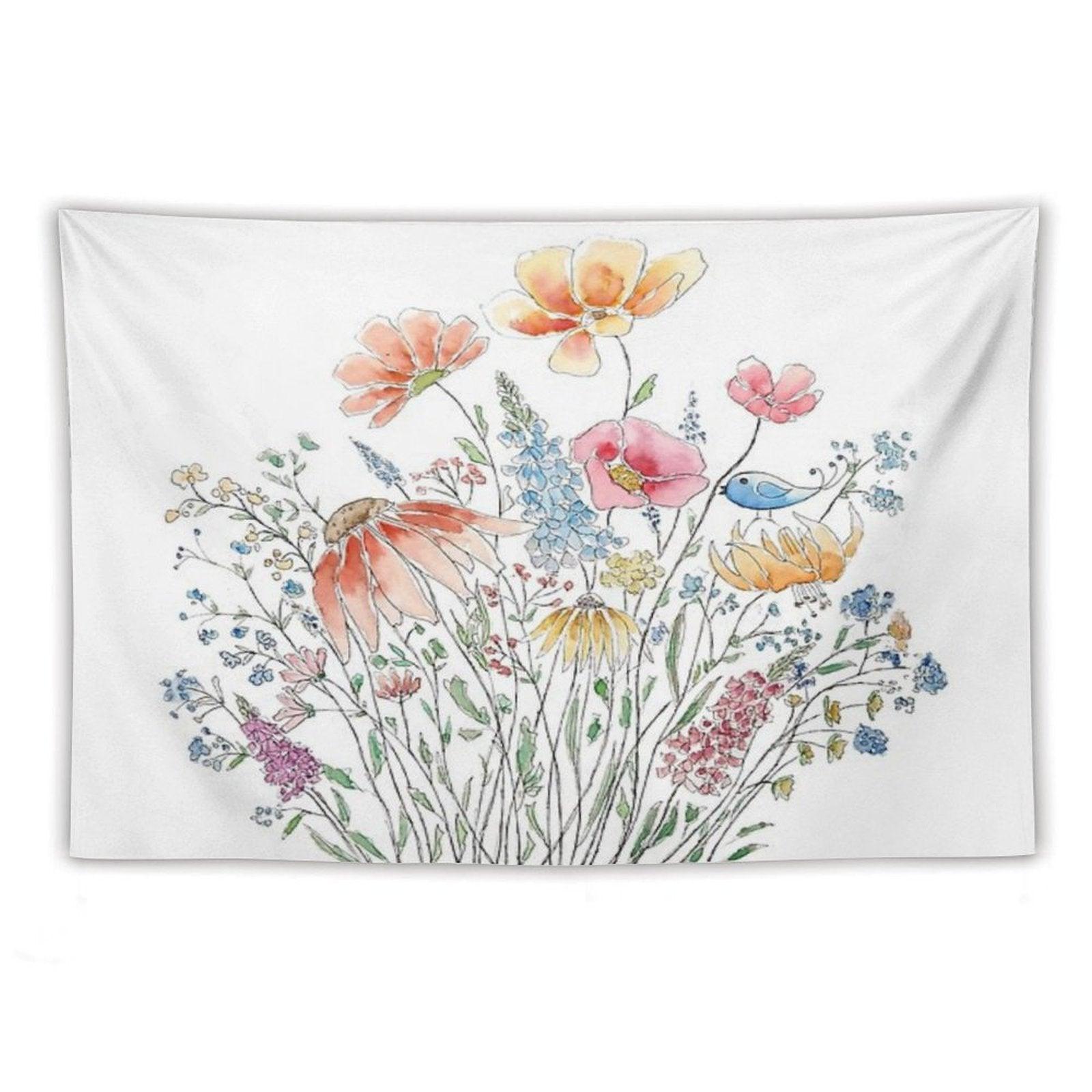 Hand Painted Wild Flower Bouquet And Blue Bird-line And Watercolor 2 Tapestry