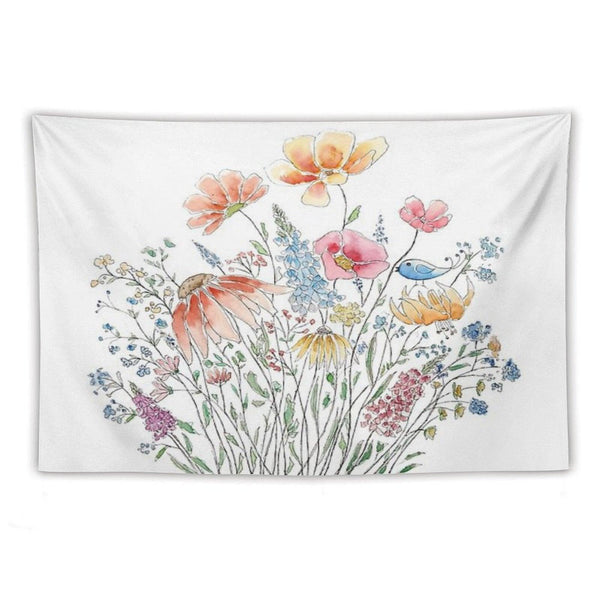 Hand Painted Wild Flower Bouquet And Blue Bird-line And Watercolor 2 Tapestry