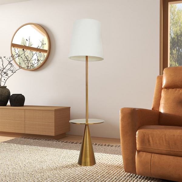 Celestial Modern Floor Lamp with Brass Accent Table and Large White Shade