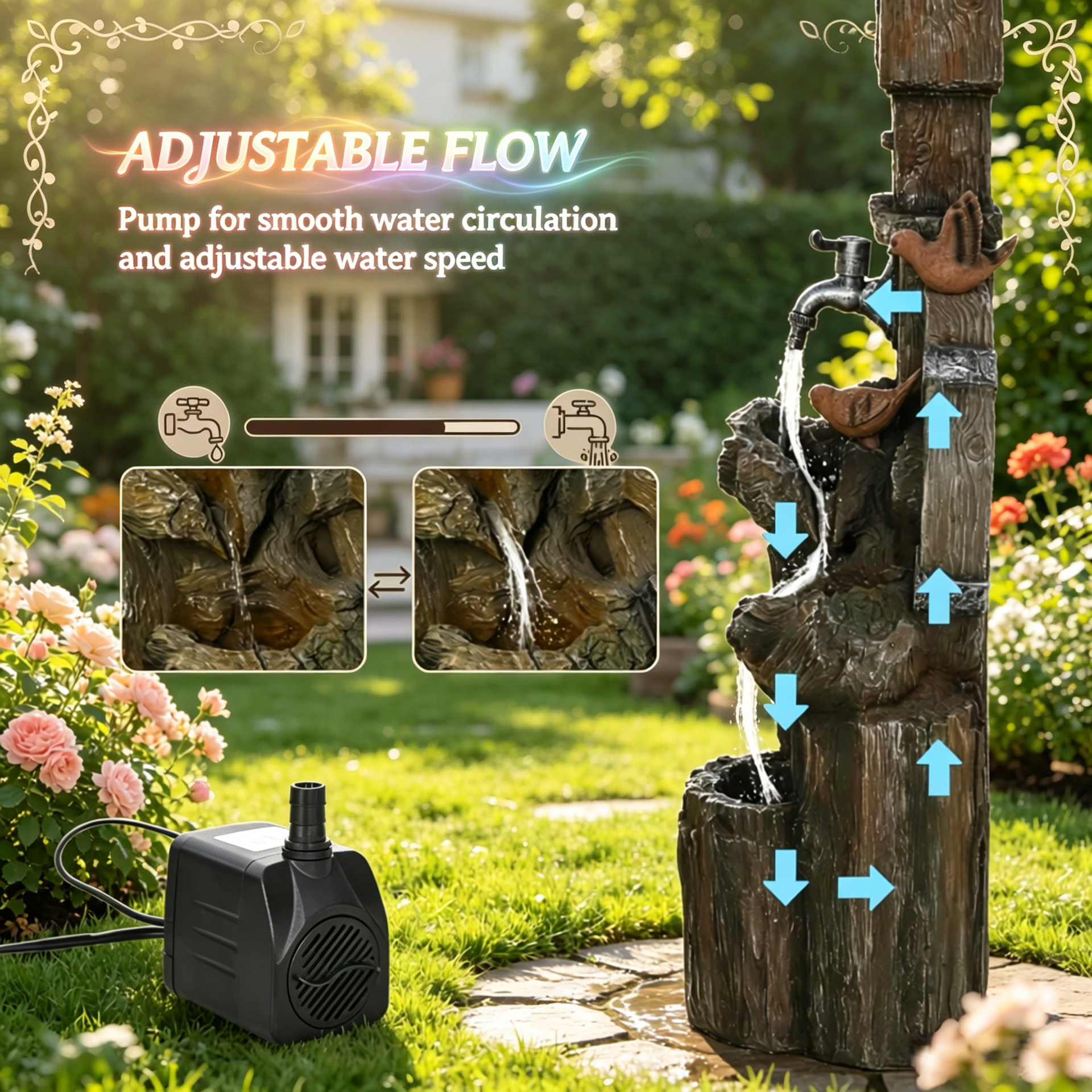 Resin Rustic Outdoor Fountain Birdhouse and Iron Tap