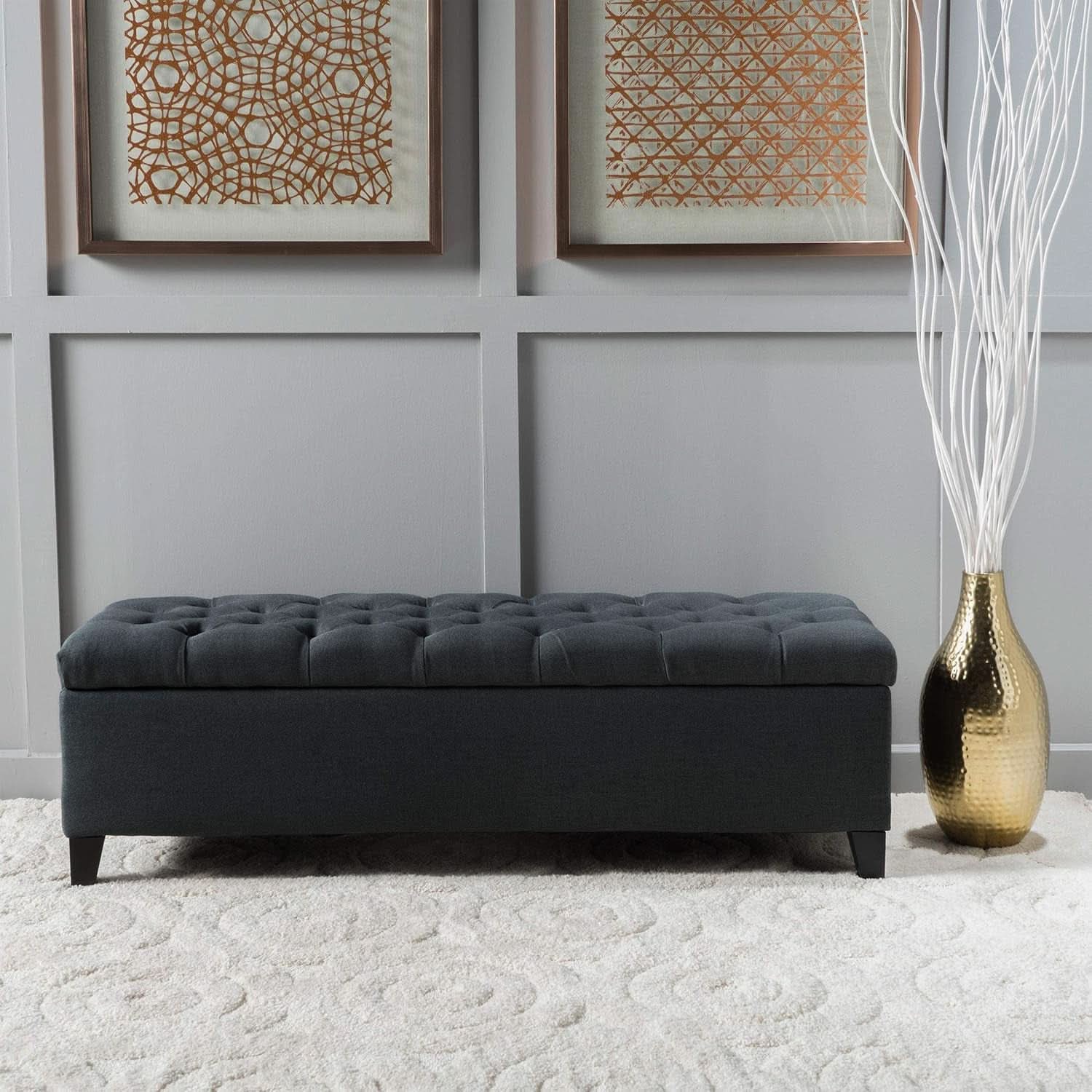 Dark Grey Tufted Fabric Storage Ottoman 17.5 In Depth