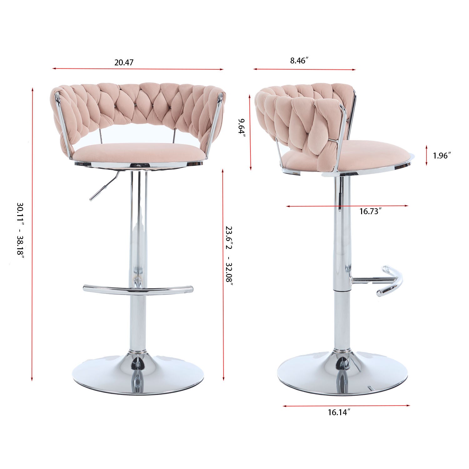 Set of 2 Bar Stools with Chrome Footrest & Base Swivel Height Adjustable Velvet