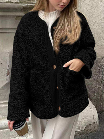 Modern Cozy Women Luxuriously Cozy Contrast Button Up Sherpa Jacket with Pockets For Fall & Winter