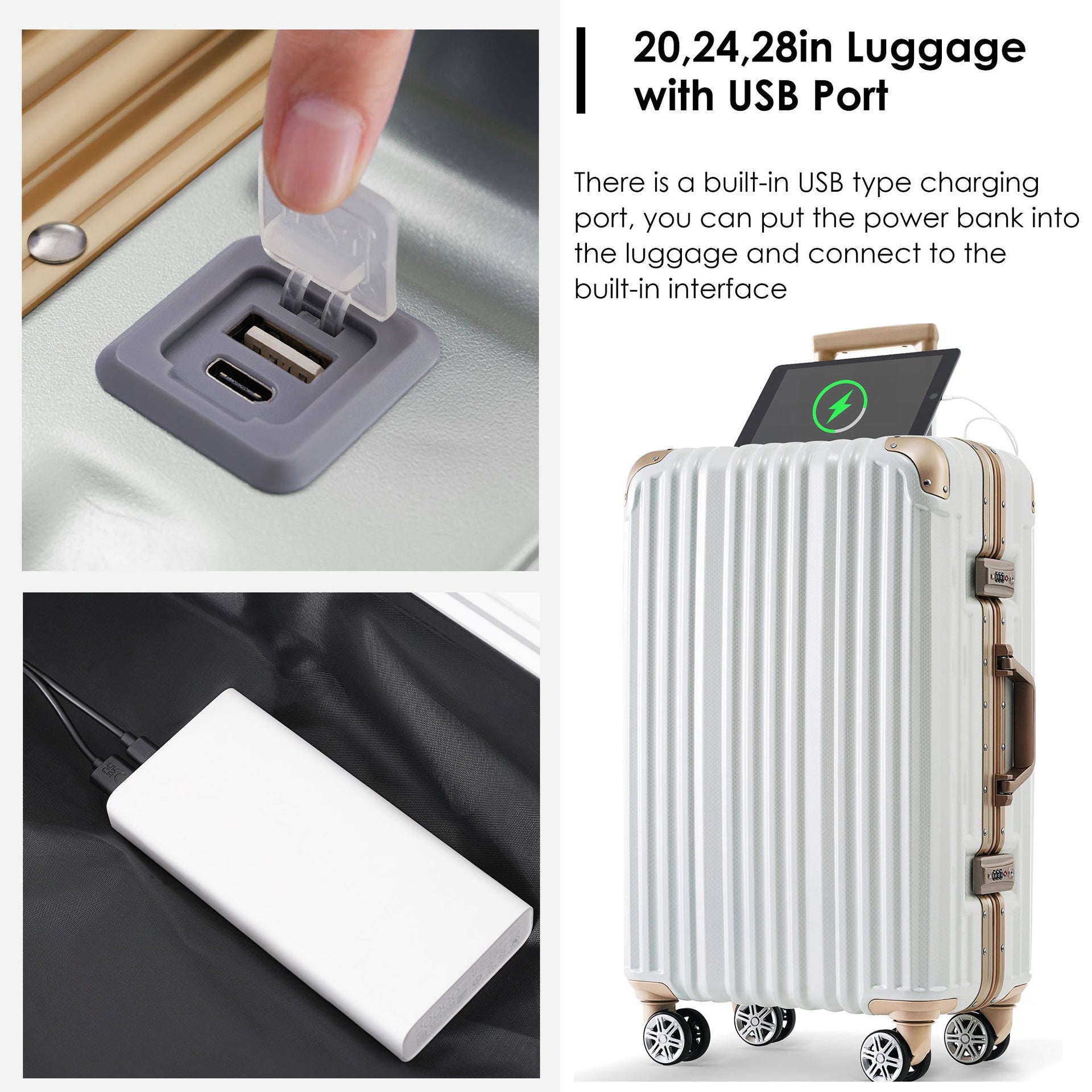 1pc 24in Aluminum Frame Luggage with USB port, Vacation Carry-On Suitcase with Spinner Wheels and TSA Lock, Travel Trolley Case For Short Business Trips, Beach Holidays, moonlight