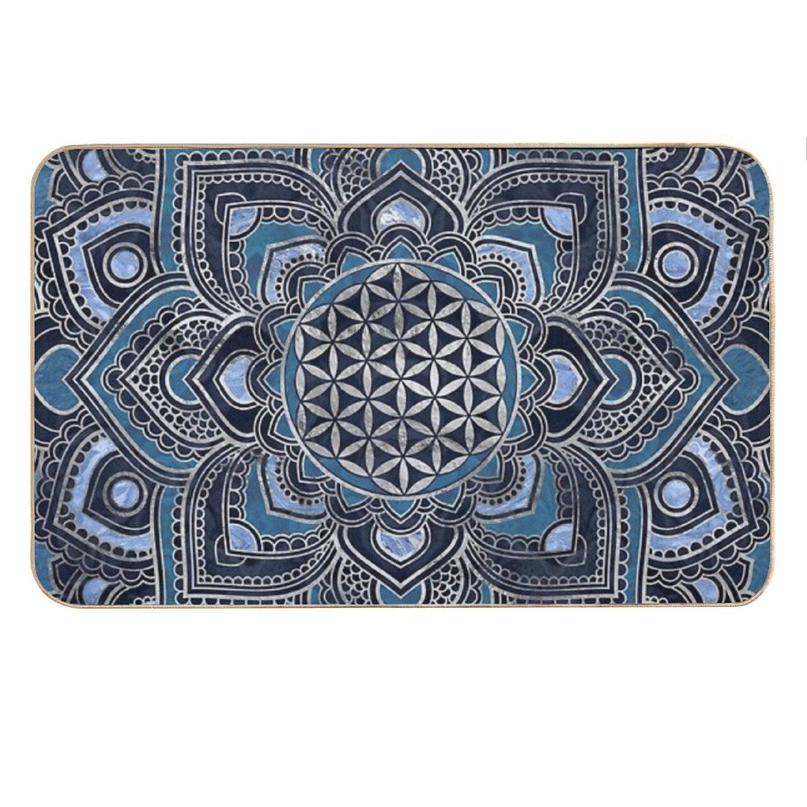 Flower of Life in Lotus Mandala - Blue Crystal And Silver Bath Mat