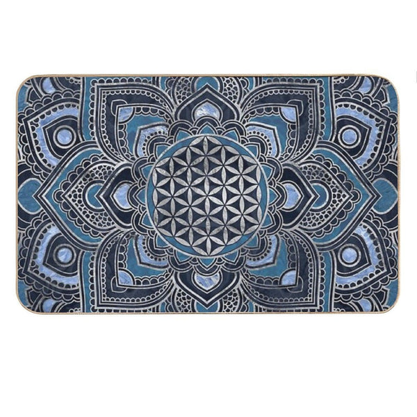 Flower of Life in Lotus Mandala - Blue Crystal And Silver Bath Mat