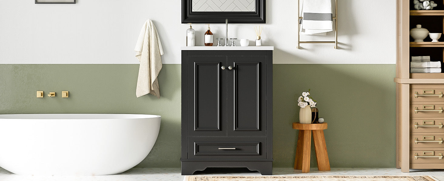 Bathroom Vanity with Ceramic Sink and Modern Freestanding Storage Cabinet, Soft-Close Doors