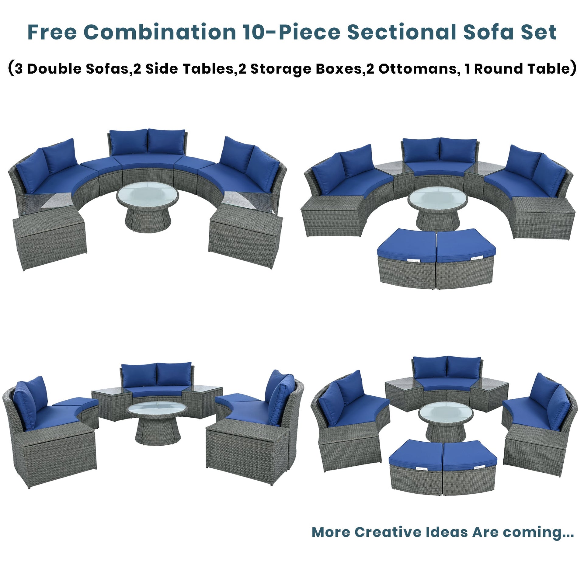 10-Piece Outdoor Sectional Half Round Patio Rattan Sofa Set, PE Wicker Conversation Furniture Set for Free Combination, Blue