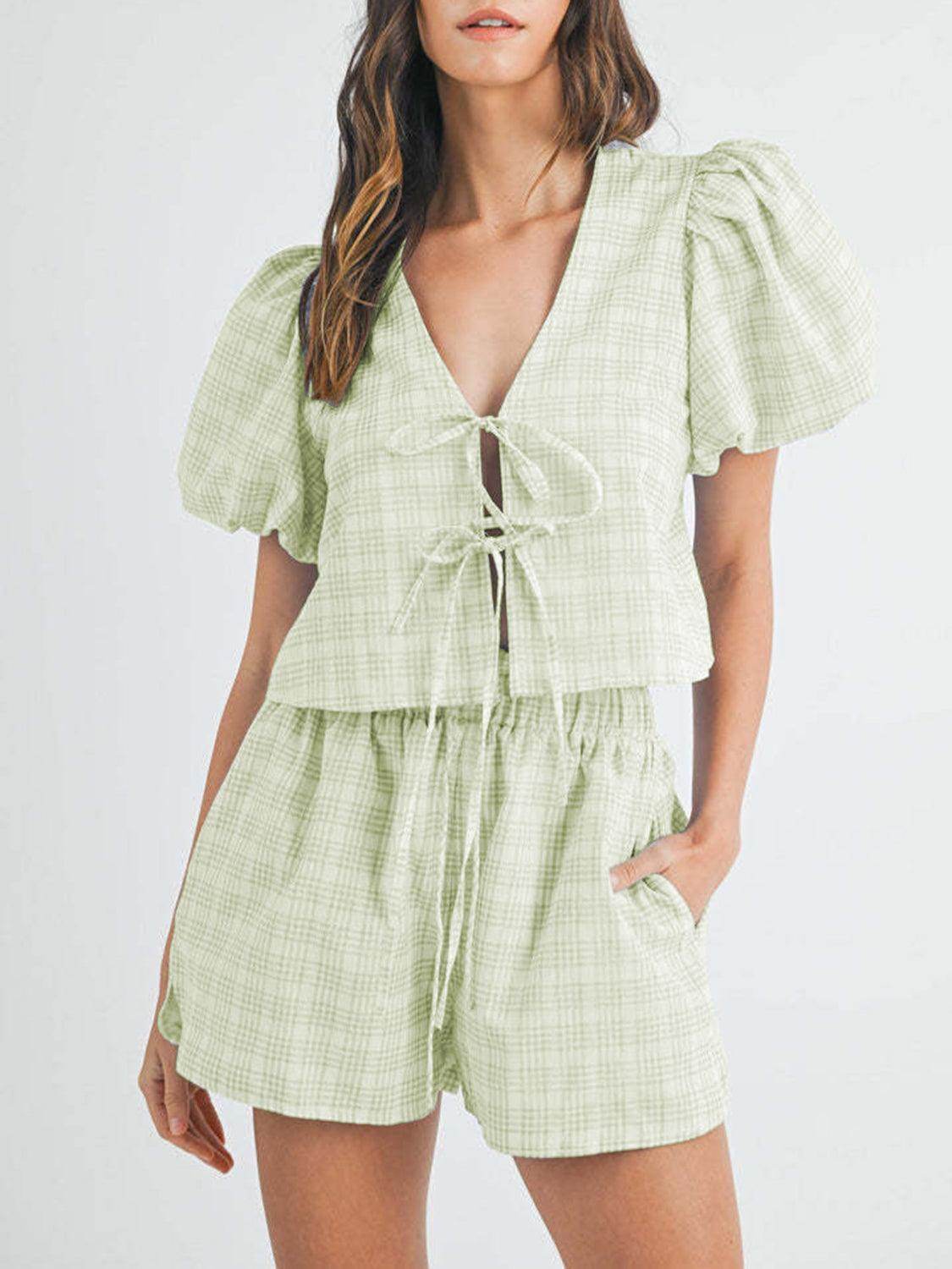 V-Neck Puff Sleeve Top and Shorts Set for Women Fashion