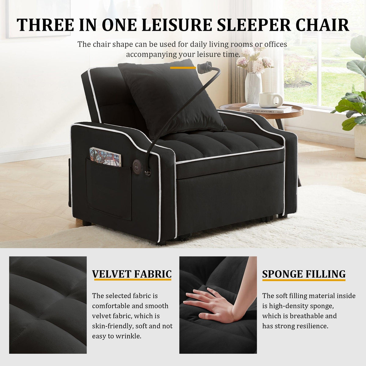 Sleeper Sofa Chair Bed - 3 In 1 Convertible Design