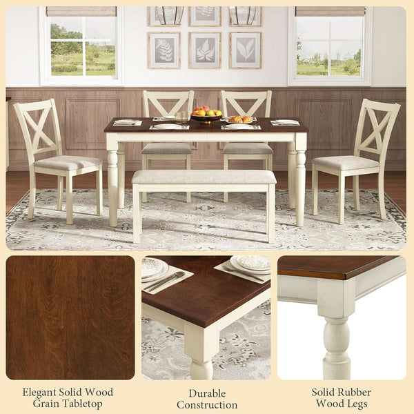 Sixty Inch Solid Wood Walnut Finish Dining Table Set Upholstered Chairs