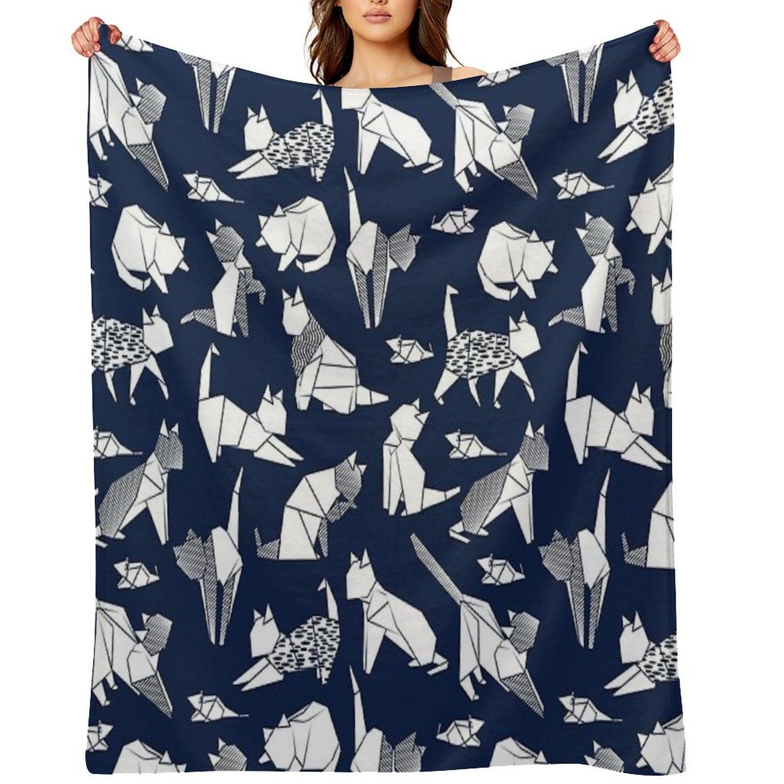 Origami Kitten Friends  Blue Navy Background Paper Cats Throw Blanket
