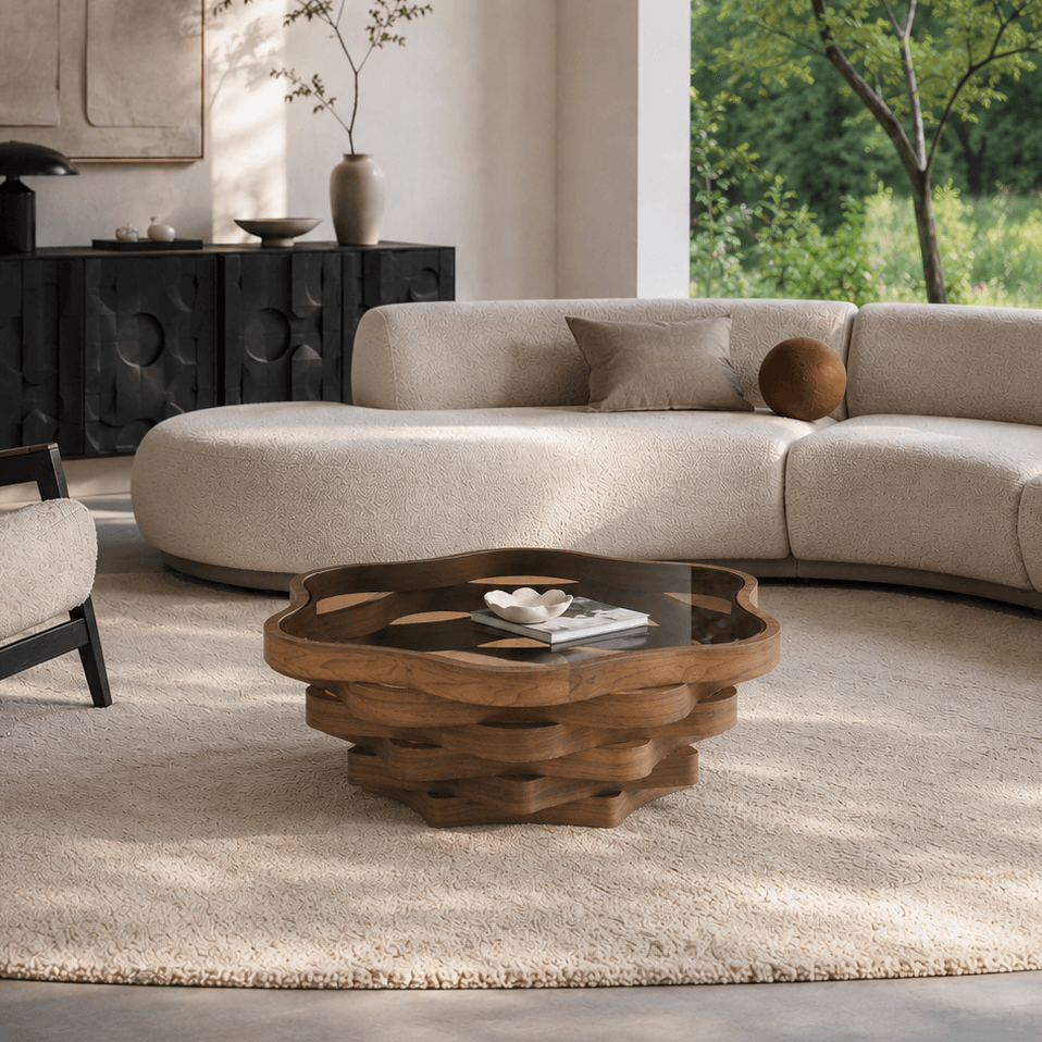 Modern Walnut Cloud Coffee Table with Tinted Glass Top & Sculptural Base