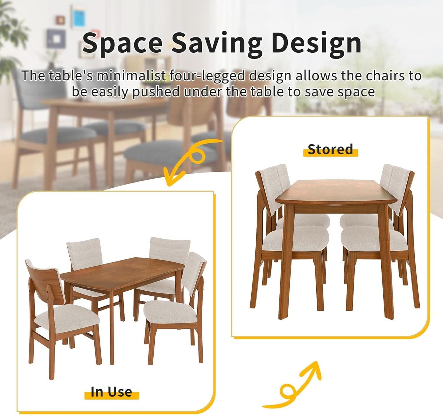 Brown Beige Space Saving Solid Wood Dining Set Chairs