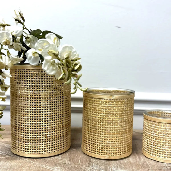 WEAVED RATTAN WRAPPED GLASS VASE/CANDLE HOLDER