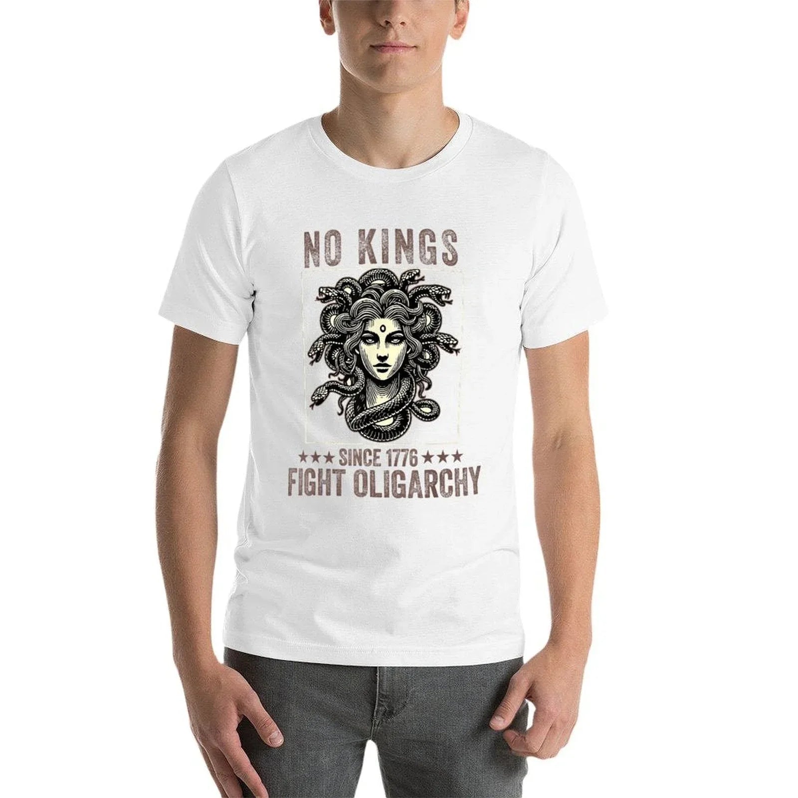 No Kings Fight Oligarchy Medusa Feminist Patriot Women Girl  Ribbed Collar T-Shirt