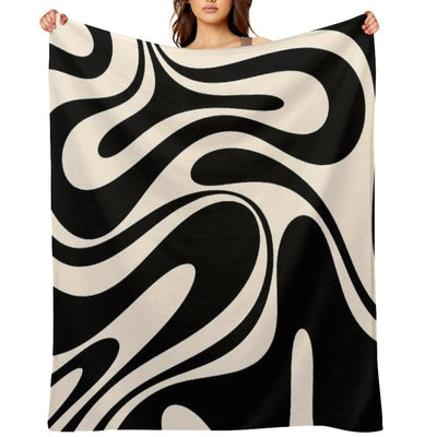 Retro Fantasy Swirl Abstract in Black And Almond Cream All-season Throw Blanket