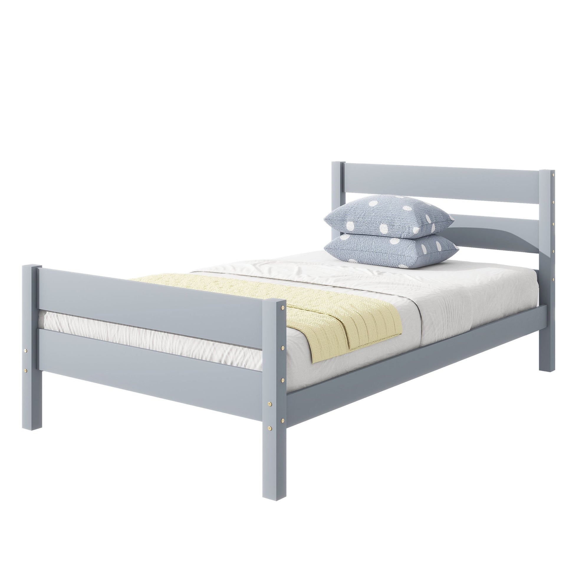 Twin Bed with Headboard and Footboard,Rubber Wood Bed,Grey
