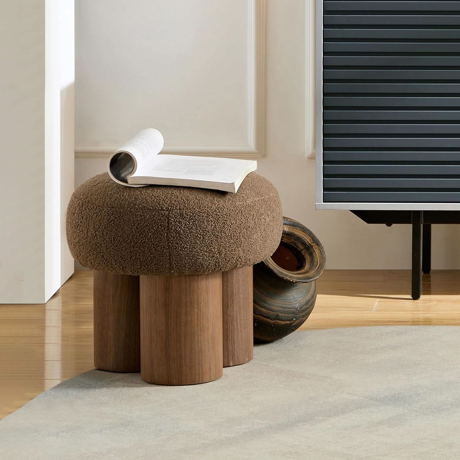 Luxurious Dark Brown Boucle Round Ottoman Footstool