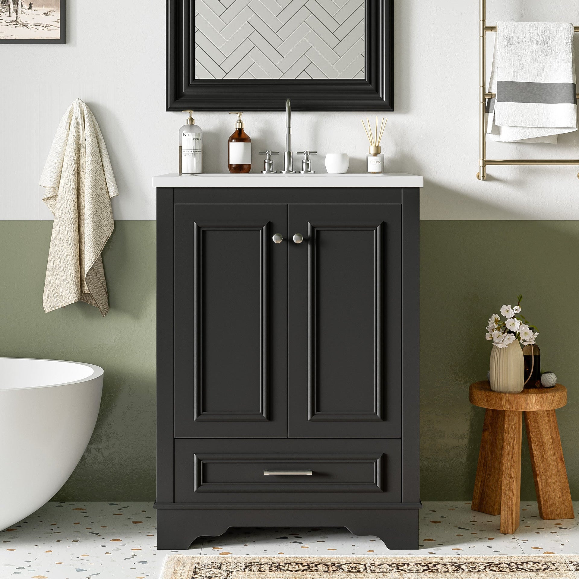 Bathroom Vanity with Ceramic Sink and Modern Freestanding Storage Cabinet, Soft-Close Doors
