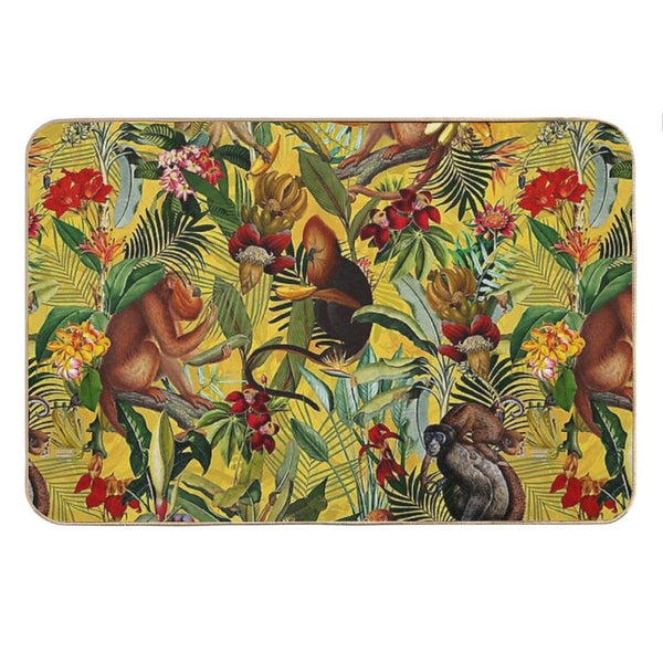 Tropical Monkey Jungle Botanical Garden Pattern - Yellow Nightgarden Bath Mat
