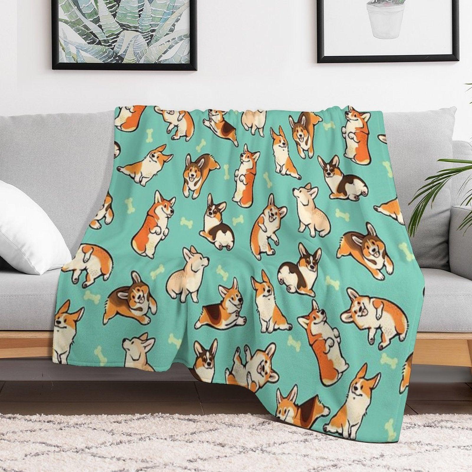 Jolly Corgis in Green Throw Blanket