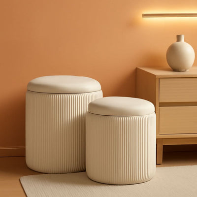 White Storage Ottoman Round Velvet Upholstered Set