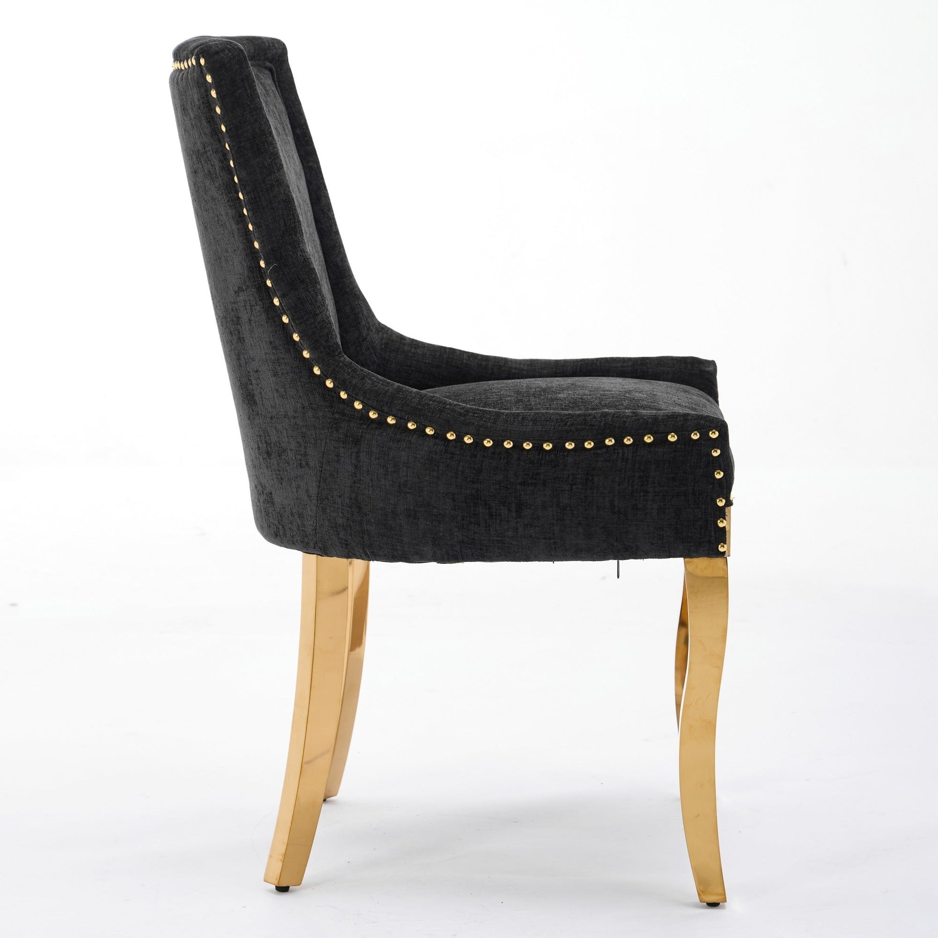 Chenille Dining Chairs Modern Style with Curved Gold-Plated Legs & Rivet Trim