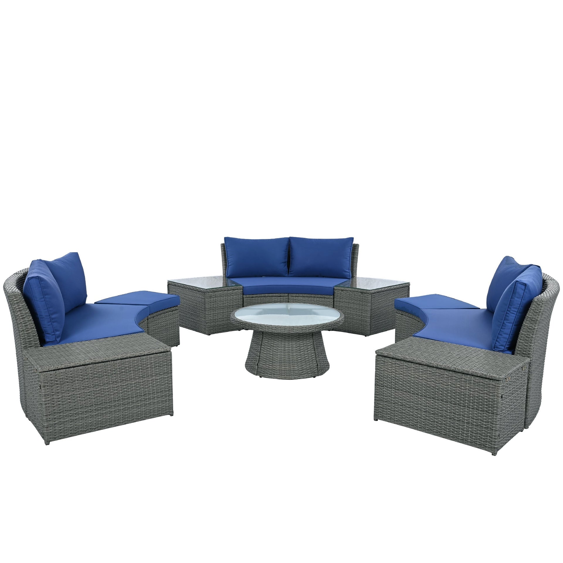 10-Piece Outdoor Sectional Half Round Patio Rattan Sofa Set, PE Wicker Conversation Furniture Set for Free Combination, Blue