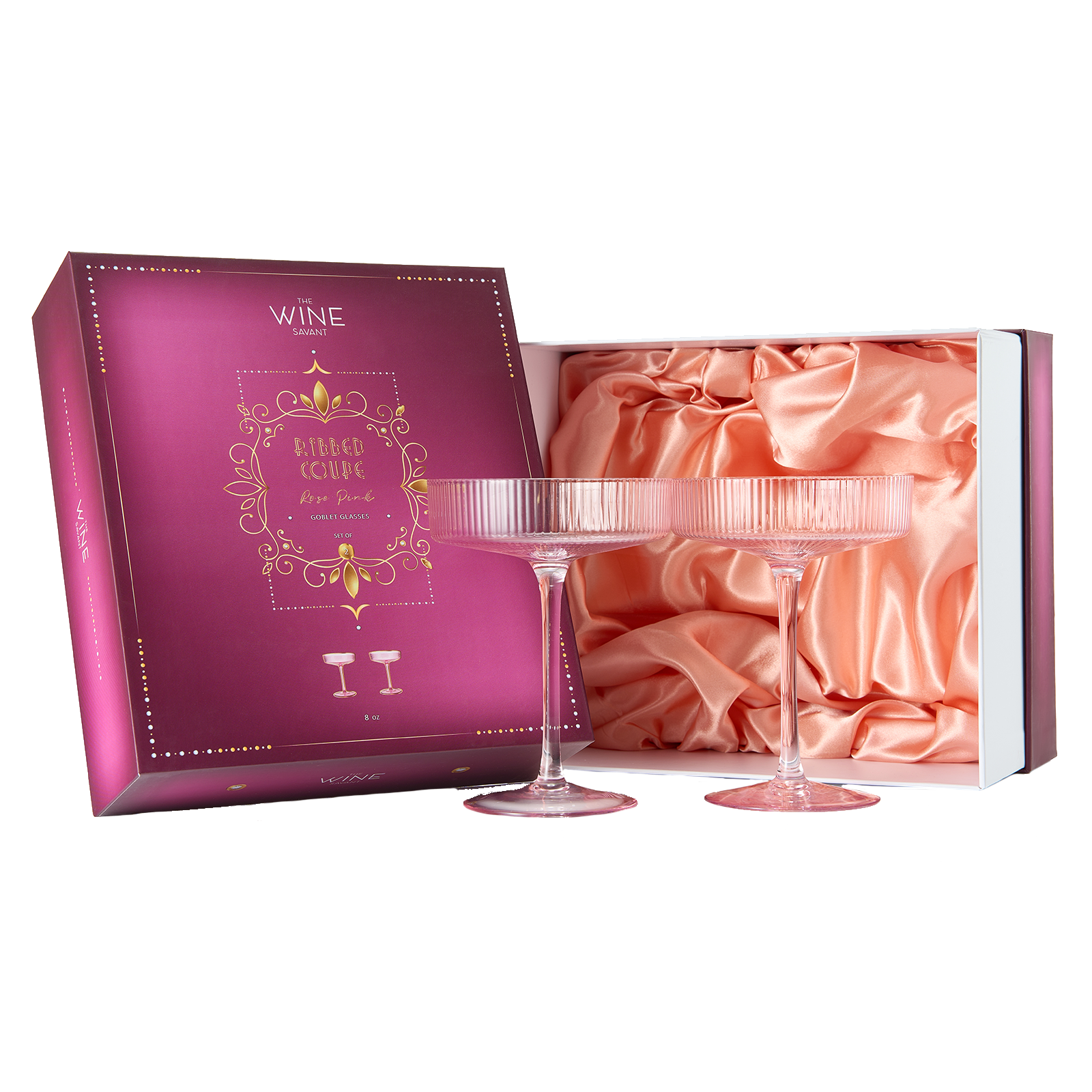 The Wine Savant Ribbed Coupe Cocktail Glasses 8 oz | Set of 2 | Classic Manhattan Glasses For Cocktails, Champagne Coupe, Ripple Coupe Glasses, Art Deco Gatsby Vintage, Crystal with Stems (Rose Pink)