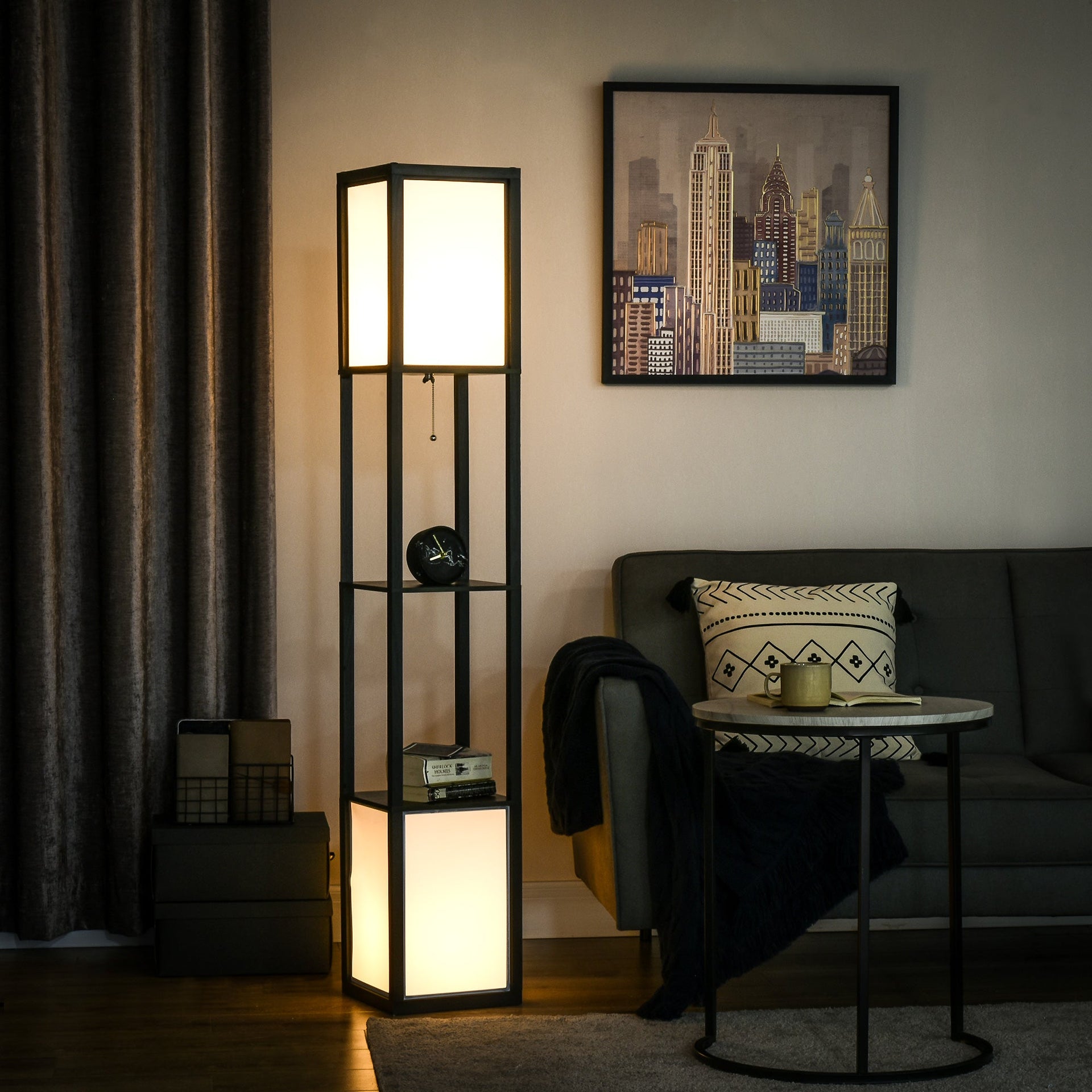 Boho Shelf Floor Lamp with Dual Fabric Shades & Built-In Storage Shelves
