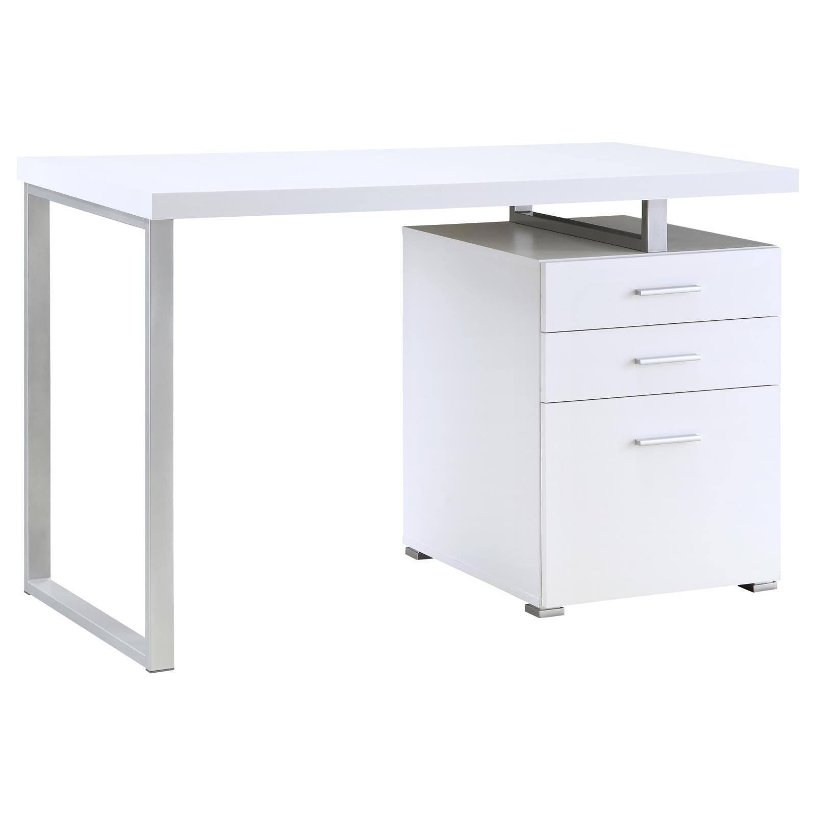 Modern White 3-drawer Reversible Office Desk featuring minimalist lines and versatile drawer placement for flexible office layouts.