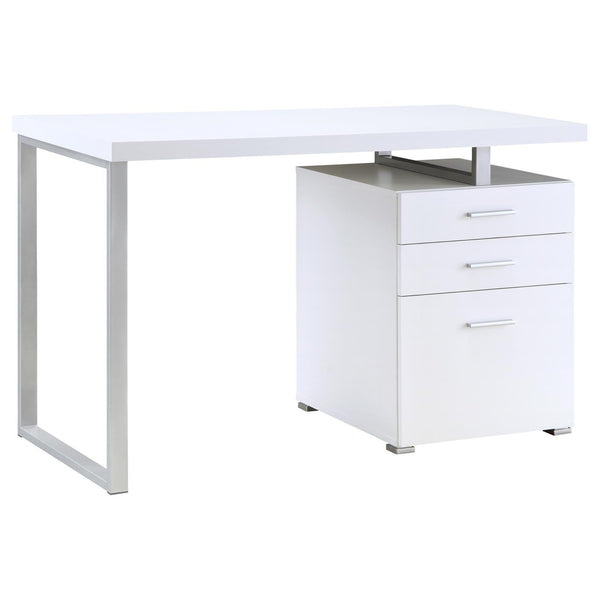 Modern White 3-drawer Reversible Office Desk featuring minimalist lines and versatile drawer placement for flexible office layouts.