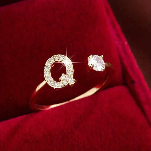 Adjustable Copper Initial Ring with Four-Claw Round Zirconia