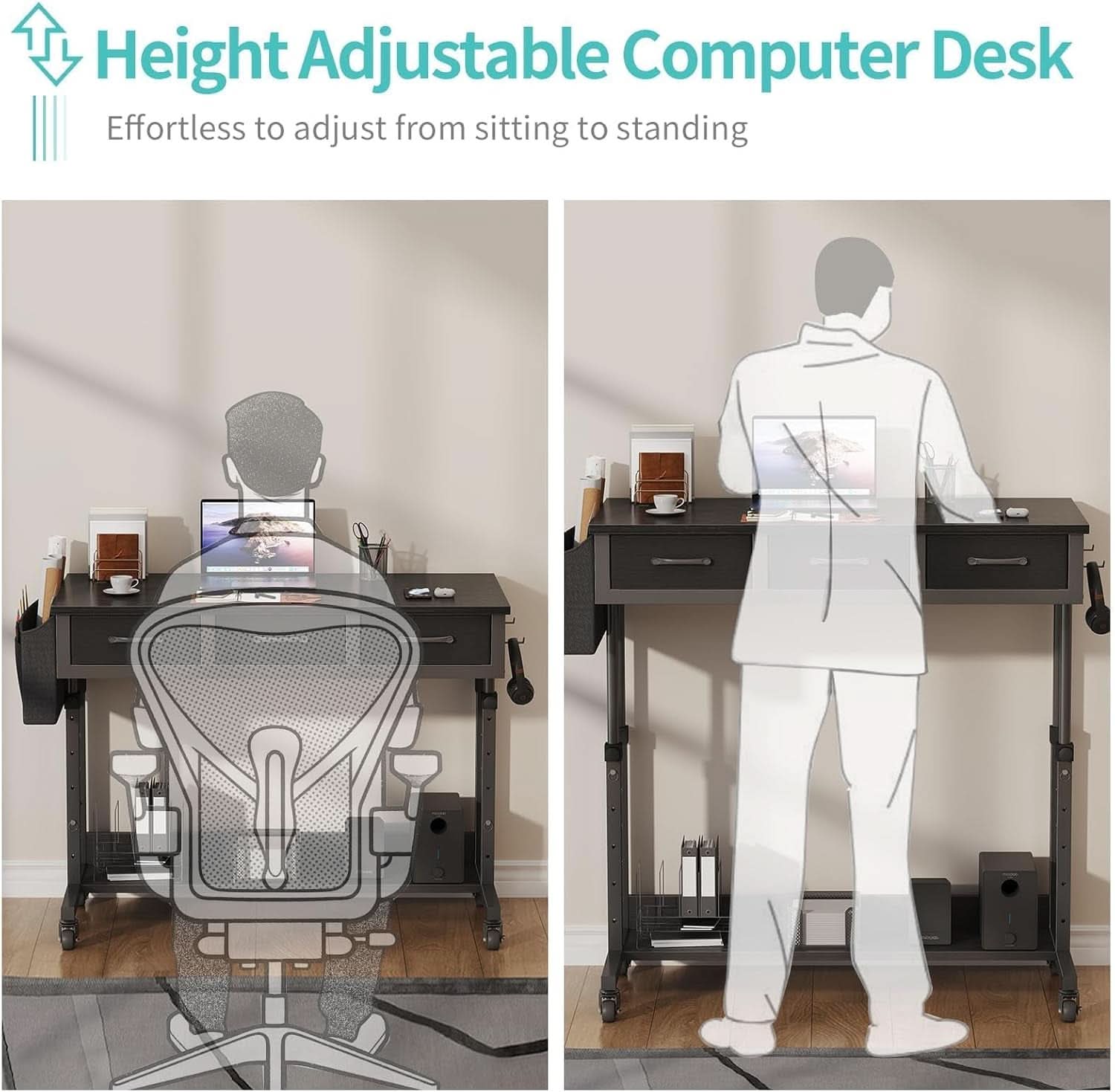 Adjustable Height Rolling Standing Desk with Drawers