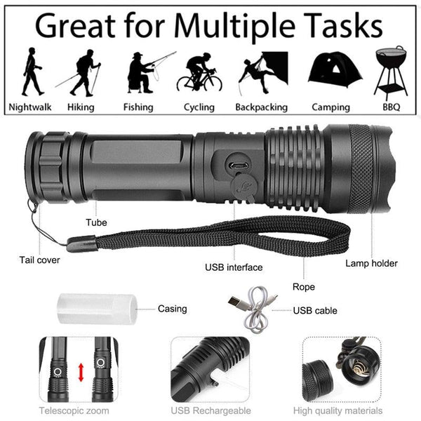 Adjustable Rechargeable Powerful Zoomable LED USB Flashlights High Lumens Powerful Tactical  Waterproof Super Bright  Flashlights Best For Camping Outdoor Hiking Running Riding