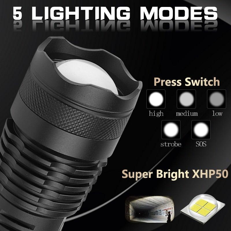 Adjustable Rechargeable Tactical Flashlight USB LED  Super Bright Zoomable IPX65 Waterproof Portable Torchlight Flash Lamp USB Charging For Hiking Camping Running Fishing