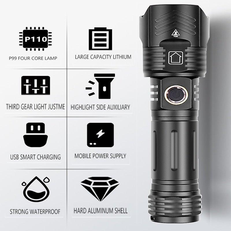 Adjustable Rechargeable Tactical Flashlight USB LED  Super Bright Zoomable IPX65 Waterproof Portable Torchlight Flash Lamp USB Charging For Hiking Camping Running Fishing