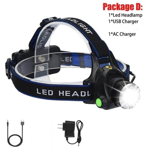 Adjustable Rechargeable Waterproof Brightest Zoomable LED Lightweight Hands Free Headlamp High Power For Adult Hunting Camping Running Hiking Riding Fishing Rechargeable T6 Chip Headlight