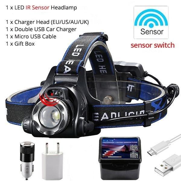 Adjustable USB Rechargeable IR Sensor Super Bright Headlight Battery For Long Working Time LED Headlamp Fishing  Waterproof Head Light Lamp Perfect For Running  Camping