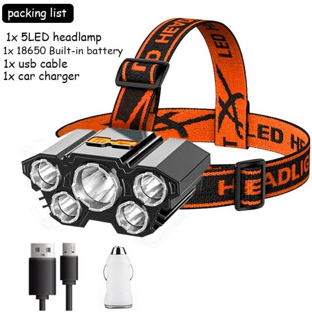 Adjustable USB Rechargeable Torch Lamp Built-in Battery 5 Led Strong Headlight Waterproof  Rechargeable Super Bright Head-Mounted Flashlight For Outdoor Night Camping