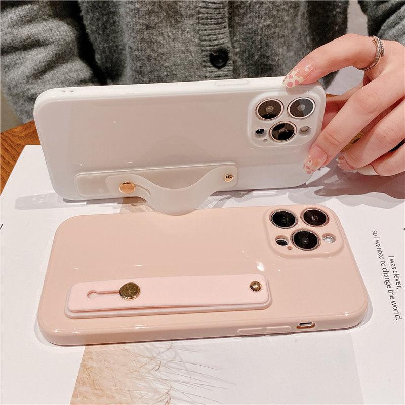 Adjustable Wrist Strap Stand Holder Case with Camera Protection Cute Solid Color Silicone Phone Case Phone Case For iPhone 13 14 Pro Max 12 11 XS Max XR 7 8 Plus 13Pro Soft Silicone Candy Color Back Cover