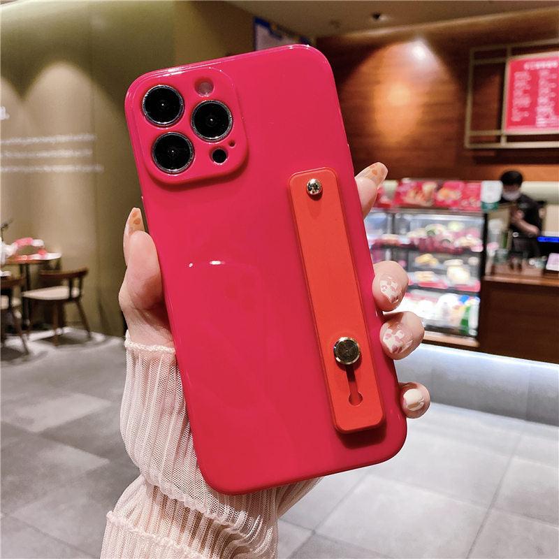 Adjustable Wrist Strap Stand Holder Case with Camera Protection Cute Solid Color Silicone Phone Case Phone Case For iPhone 13 14 Pro Max 12 11 XS Max XR 7 8 Plus 13Pro Soft Silicone Candy Color Back Cover