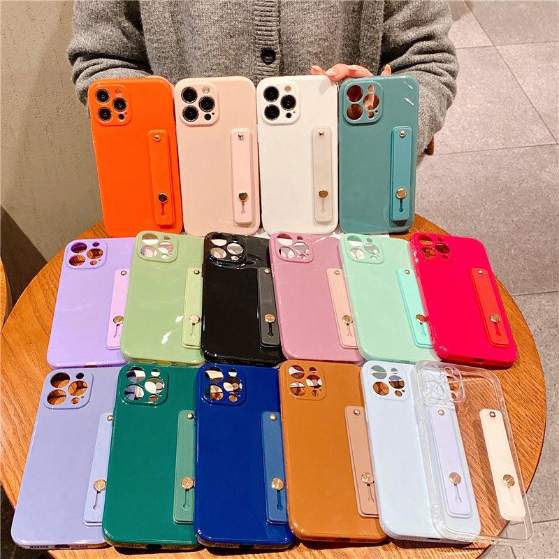 Adjustable Wrist Strap Stand Holder Case with Camera Protection Cute Solid Color Silicone Phone Case Phone Case For iPhone 13 14 Pro Max 12 11 XS Max XR 7 8 Plus 13Pro Soft Silicone Candy Color Back Cover