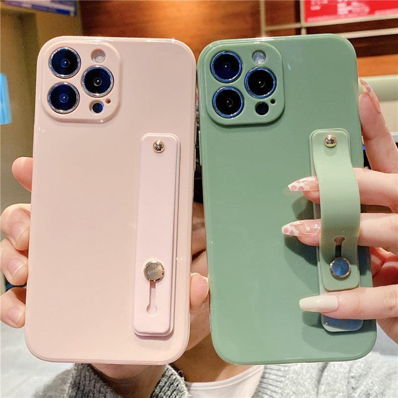 Adjustable Wrist Strap Stand Holder Case with Camera Protection Cute Solid Color Silicone Phone Case Phone Case For iPhone 13 14 Pro Max 12 11 XS Max XR 7 8 Plus 13Pro Soft Silicone Candy Color Back Cover
