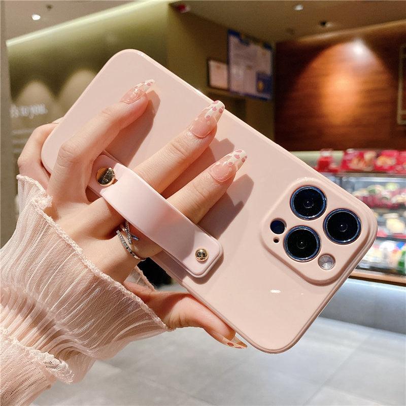 Adjustable Wrist Strap Stand Holder Case with Camera Protection Cute Solid Color Silicone Phone Case Phone Case For iPhone 13 14 Pro Max 12 11 XS Max XR 7 8 Plus 13Pro Soft Silicone Candy Color Back Cover