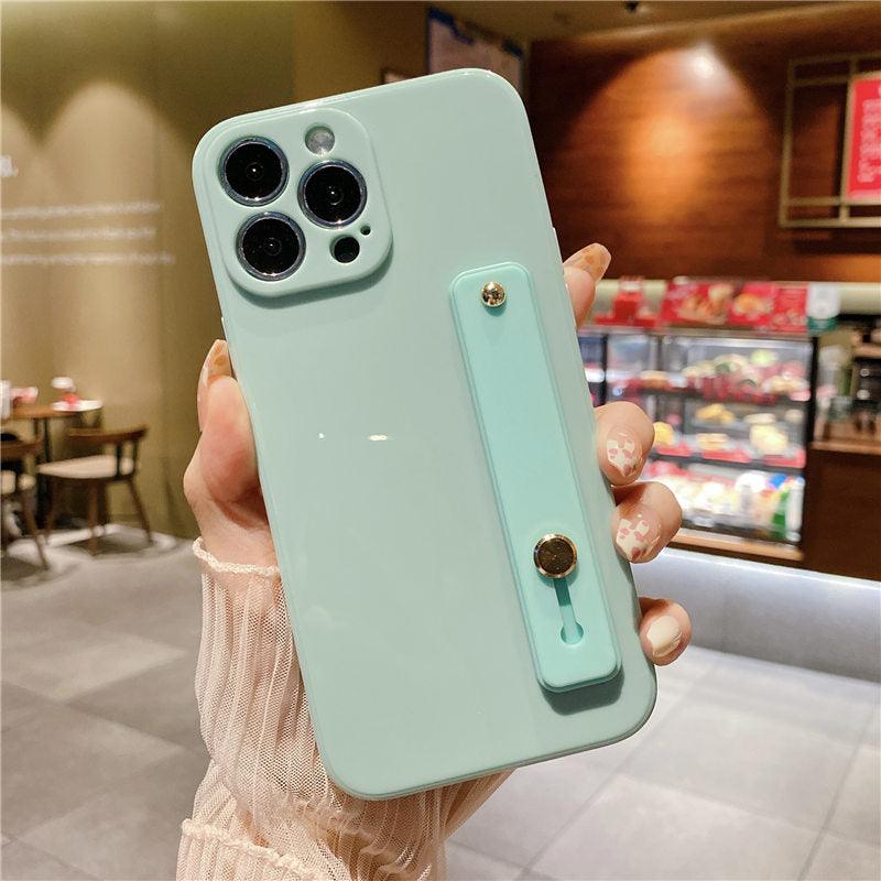 Adjustable Wrist Strap Stand Holder Case with Camera Protection Cute Solid Color Silicone Phone Case Phone Case For iPhone 13 14 Pro Max 12 11 XS Max XR 7 8 Plus 13Pro Soft Silicone Candy Color Back Cover