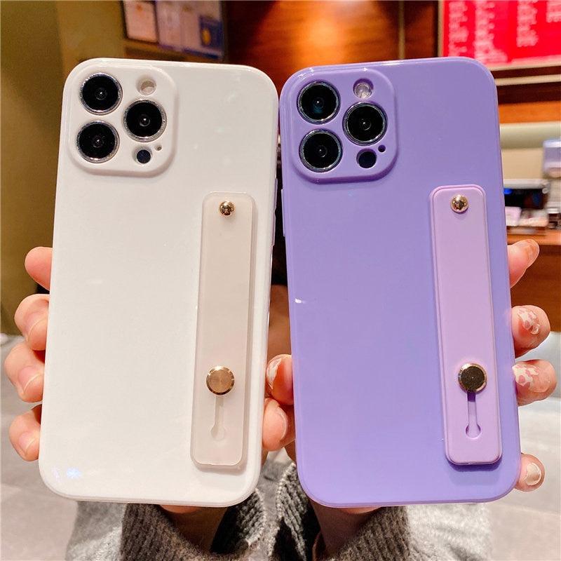 Adjustable Wrist Strap Stand Holder Case with Camera Protection Cute Solid Color Silicone Phone Case Phone Case For iPhone 13 14 Pro Max 12 11 XS Max XR 7 8 Plus 13Pro Soft Silicone Candy Color Back Cover
