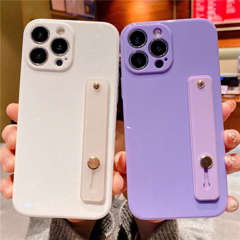 Adjustable Wrist Strap Stand Holder Case with Camera Protection Cute Solid Color Silicone Phone Case Phone Case For iPhone 13 14 Pro Max 12 11 XS Max XR 7 8 Plus 13Pro Soft Silicone Candy Color Back Cover