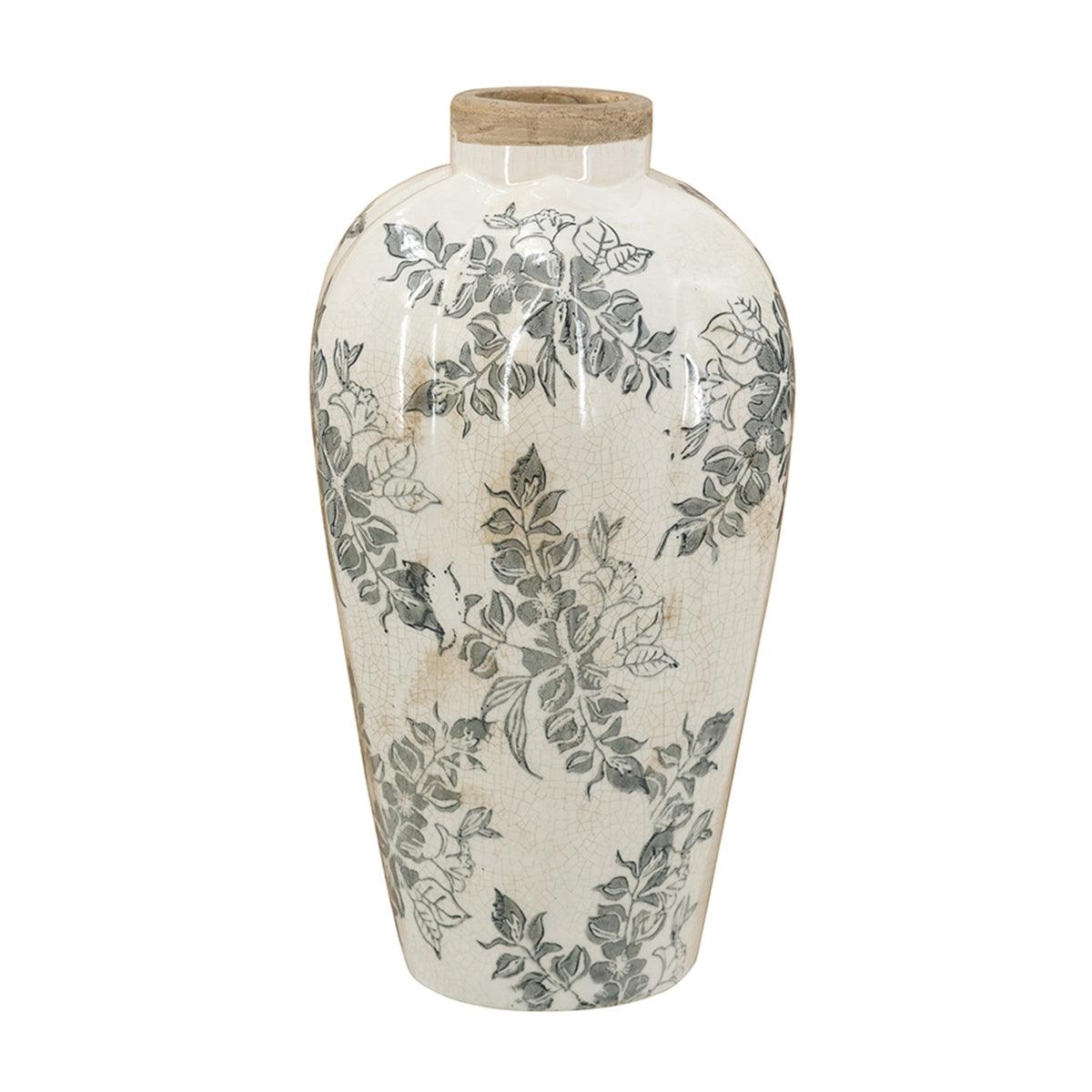 Vintage European Ceramic Vase with Distressed White Finish & Gray Floral Design